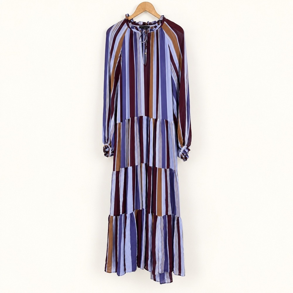 Banana Republic Medium Maxi Dress Purple Stripe Tiered Georgette Boho Resortwear